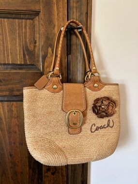 Coach Tan Straw Tote with Leather Trim and Floral Appliqué